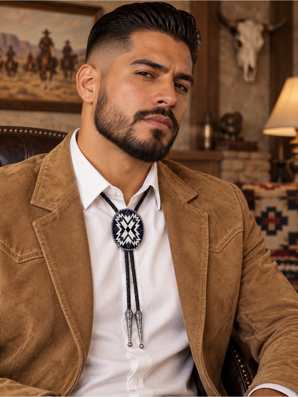 🆕 Western Southwestern Bolo Tie Geometric Medallion Black Braided Cord